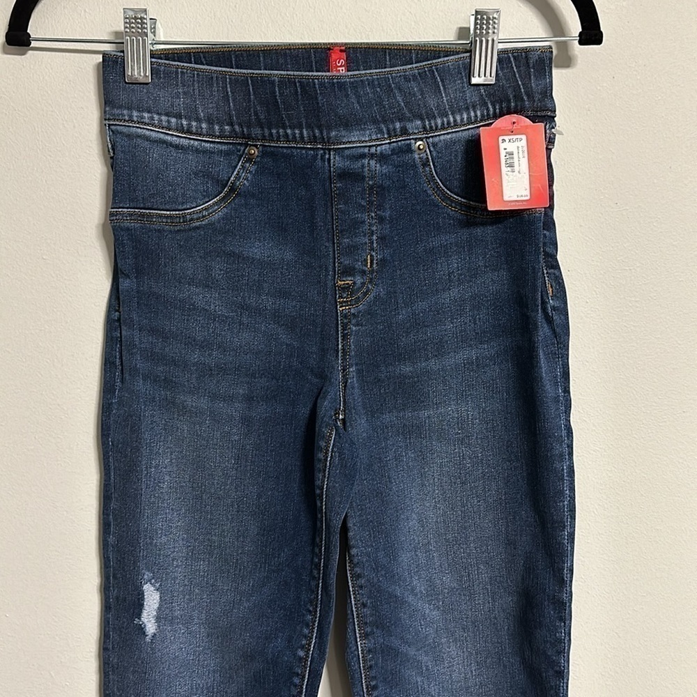 SPANX Distressed Denim Legging Medium Wash 20203R Pull On Stretch Raw Hem XS/PT